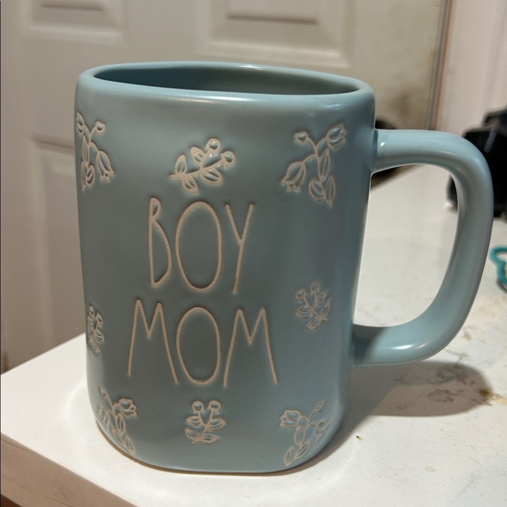 Rae Dunn Light Blue Mug “Boy Mom” Preowned sat on shelf
